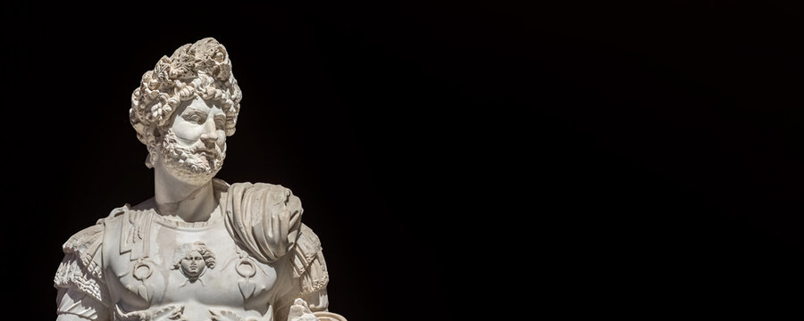 Roman Emperor Hadrian in military garb. Roman statue. Art, history or military history concept. Isolated, solid color background. July 28, 2023 - Antalya, Turkey