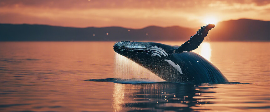 whale at the ocean, sunset view, sparkles and reflection on surface