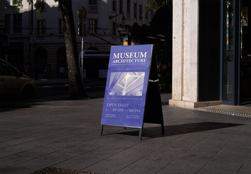 Mockup of customizable A frame sign on sidewalk