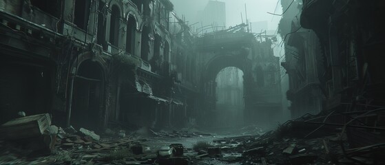 An eerie silence in a futuristic  city, where the remnants of advanced technology lay abandoned.
