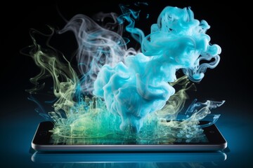Futuristic smartphone floating in mid air with glowing light and colorful smoke background