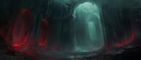 An eerie, underworld realm, characterized by endless caverns glowing with a sinister red light, and the sound of distant, tormented wails