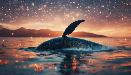 whale at the ocean, sunset view, sparkles and reflection on surface