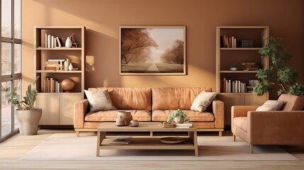 A cozy living room with a warm color palette, featuring a caramel-colored sofa, a plush beige rug,...