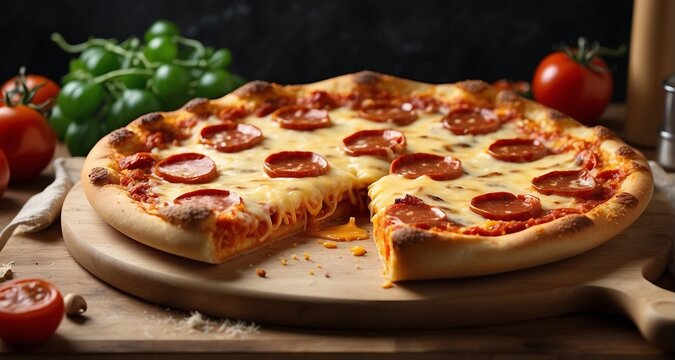 Craft an ultra-realistic image of a classic New York-style pizza, highlighting the gooey, melted cheese stretching from the slice to the entire pie-Ai Generative