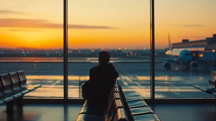 Man waiting for the flight departure during the sunset - obrazy, fototapety, plakaty