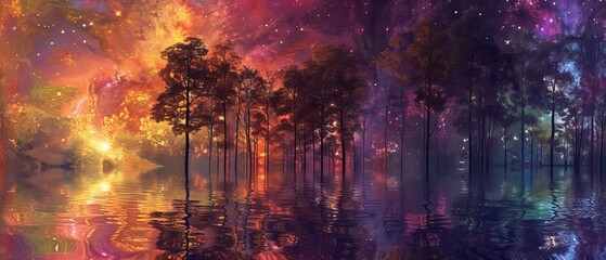 An ethereal forest where trees morph into delicate glass structures, reflecting a kaleidoscope of colors under a starry, purple sky. - obrazy, fototapety, plakaty