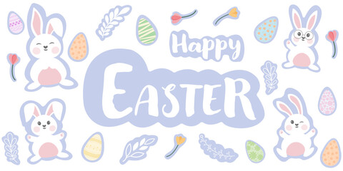 Easter stickers collection. Happy Easter stickers bunny or rabbit, eggs and flowers. Set of Easter sticker