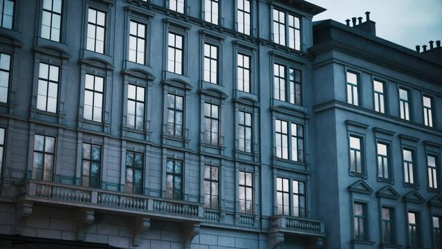 Facade windows of a classic European building. Evening European architecture. 3d visualization