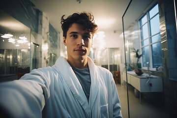 Portrait of a handsome young man in bathrobe, taking selfie in a bathroom in his luxurious house - obrazy, fototapety, plakaty