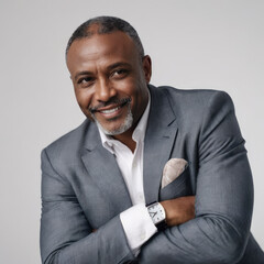 Seductive 40 years old black man in a dark grey suit, smiling