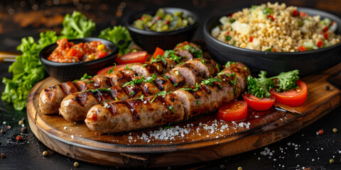 Sizzling Grilled Delights. Meat and Veggies on a Rustic Board