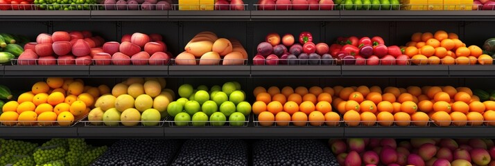 grocery store counter with vegetables and fruits
