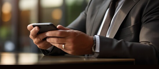 Hand of a businessman holding and using a smartphone