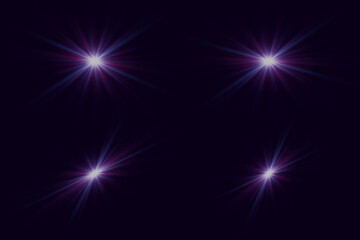 Set of light flares. Neon flash of light. The lights of the star and the sun's rays, sparks sparkle. Light effect of explosion and flash. Vector EPS10