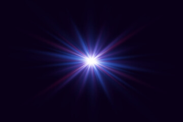 The glowing light of a bright star. Sun rays, flash and glare effect.