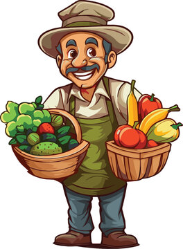 cartoon character farmer with a full of apples and vegetables 