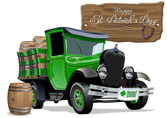Vector Saint Patricks vintage cartoon beer truck - 739929349