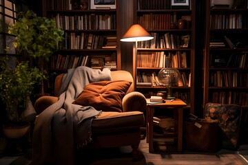 A cozy reading nook with a plush armchair, a floor lamp casting a warm glow, and a bookshelf filled with books of various genres.