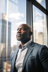 Fototapeta premium Pensive African American executive in modern office setting