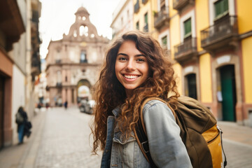 Latin American female blogger smiling on a city street
