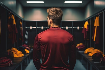 Soccer player in red contemplating in locker room - 739929538