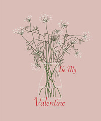 Valentine's day, February 14. Vector illustrations of flowers in vase, hearts. Drawings for postcard, card, congratulations and poster.
