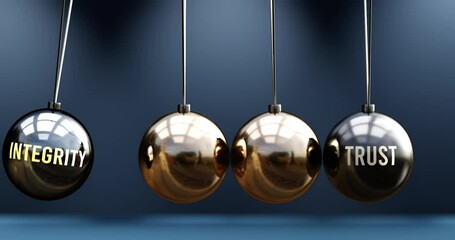 Integrity leads to trust. A Newton cradle metaphor in which integrity gives power to set trust in motion. Cause and effect relation between integrity and trust. Can be looped
