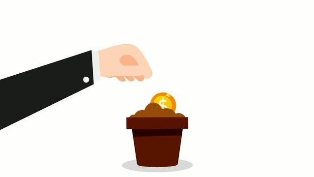 animation of businessman watering plants with coin flower vector illustration. Concept of Successful Investment Business Strategy.
