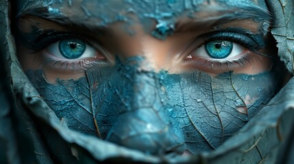 a close up of a person's face with blue eyes and leaves on it