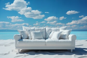 Fototapeta na wymiar a white sofa on a blue sky background with clouds