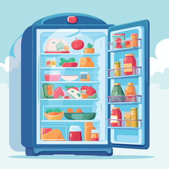 Retro refrigerator full of food. Vintage fridge filled with daily products vector illustration