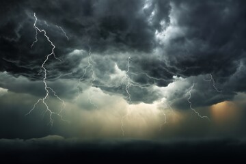 dark dramatic stormy sky with lightning and cumulus clouds aerial view for abstract background