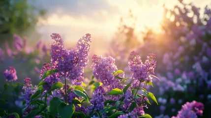 Fotobehang Sunlit scene overlooking the lilac plantation with many lilac blooms, bright rich color, professional nature photo © shooreeq