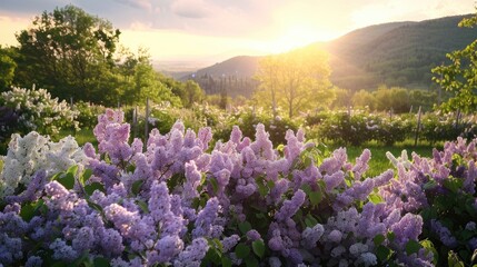 Sunlit scene overlooking the lilac plantation with many lilac blooms, bright rich color,...