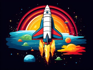 Obraz premium Retro space rocket soaring through the galaxy t-shirt design