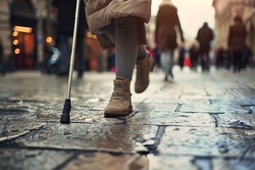 An independent visually impaired person gracefully navigating the urban landscape with guidance. Concept Independence, Visually Impaired, Urban Navigation, Graceful, Guidance