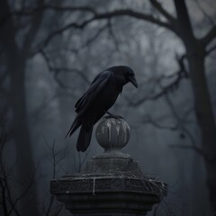 Obraz premium a crow sitting on a stone pillar