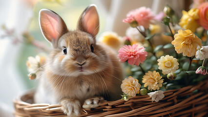 Cute rabbit and flowers in bamboo basket.
