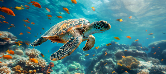 Fototapeta na wymiar Sea turtle swims under water on the background of coral reefs. Maldives Indian Ocean coral reef.