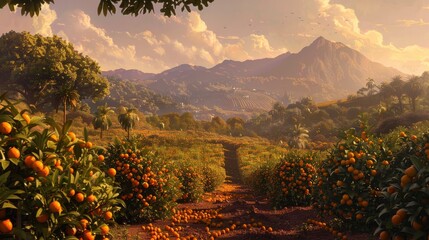 Sunlit scene overlooking the orange plantation with many oranges, bright rich color, professional...