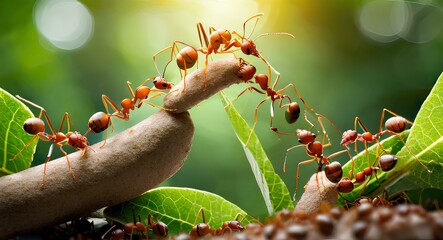 Teamwork, team of ants constructing bridge - obrazy, fototapety, plakaty
