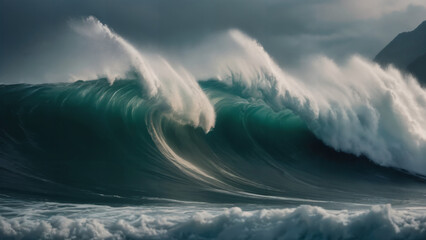 surfers are riding a large wave in the ocean on a cloudy day,  - Powered by Adobe