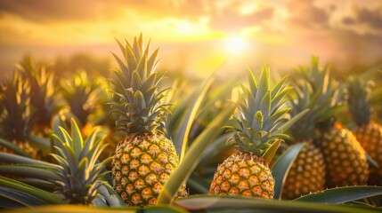 Sunlit scene overlooking the pineapple plantation with many pineapples, bright rich color, professional nature photo - obrazy, fototapety, plakaty