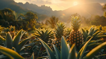 Sunlit scene overlooking the pineapple plantation with many pineapples, bright rich color, professional nature photo