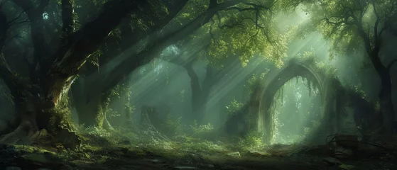 Abwaschbare Fototapete In the heart of an enchanted forest, remnants of an Elven skirmish lay scattered, a silent testament to the eternal struggle between light and dark © Bilas AI