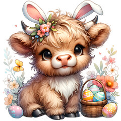 Highland Cow With Bunny Ears Flowers Eggs Happy Easter Illustration 