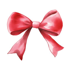 Red bow ribbon, watercolor illustration, png isolated background.