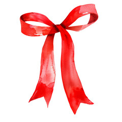 Red bow ribbon, watercolor illustration, png isolated background.