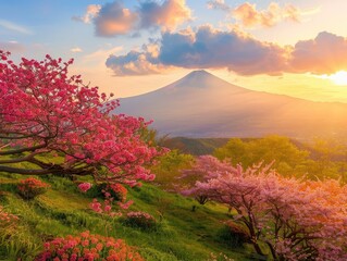 Sunlit scene overlooking the sakura plantation with many blooms, Fuji volcano in the background,...